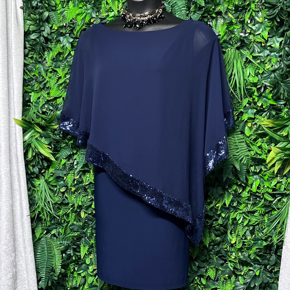 Xscape‎ Dress 20W Navy Blue Sequin Trim Chiffon Cape Overlay Sheath Formal 3954